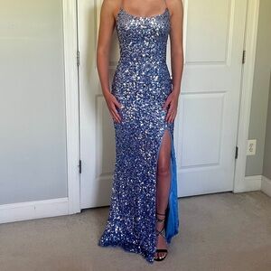 Blue and Silver Sequin Spaghetti Strap Prom Gown